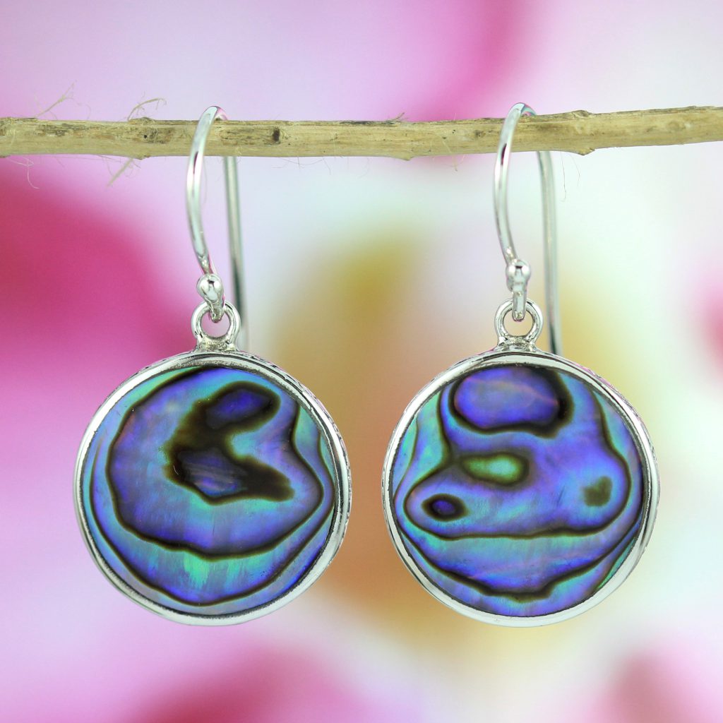 Anting Abalone Perak Asli Ukiran Bali (Round Shell Earrings) E1099