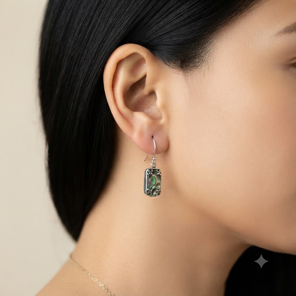 Anting Abalone Perak Asli Ukiran Bali (Rectangle Shell Earring) E843