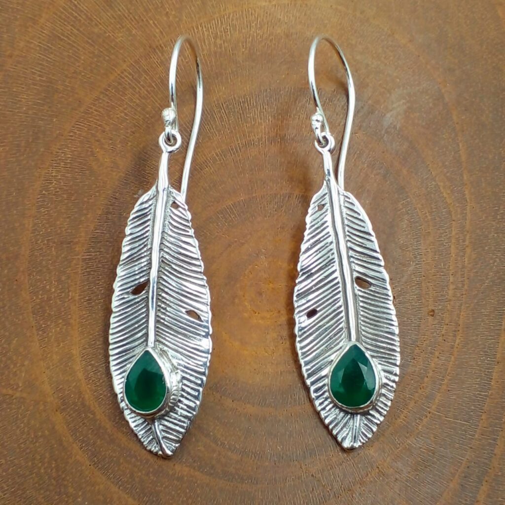 Anting Perak Bali Motif Bulu Permata (Silver Feather Earrings with Gems) E847