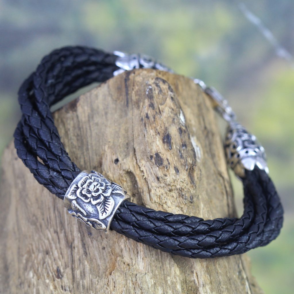 Gelang Perak Bali Kulit Hitam Jalin B230