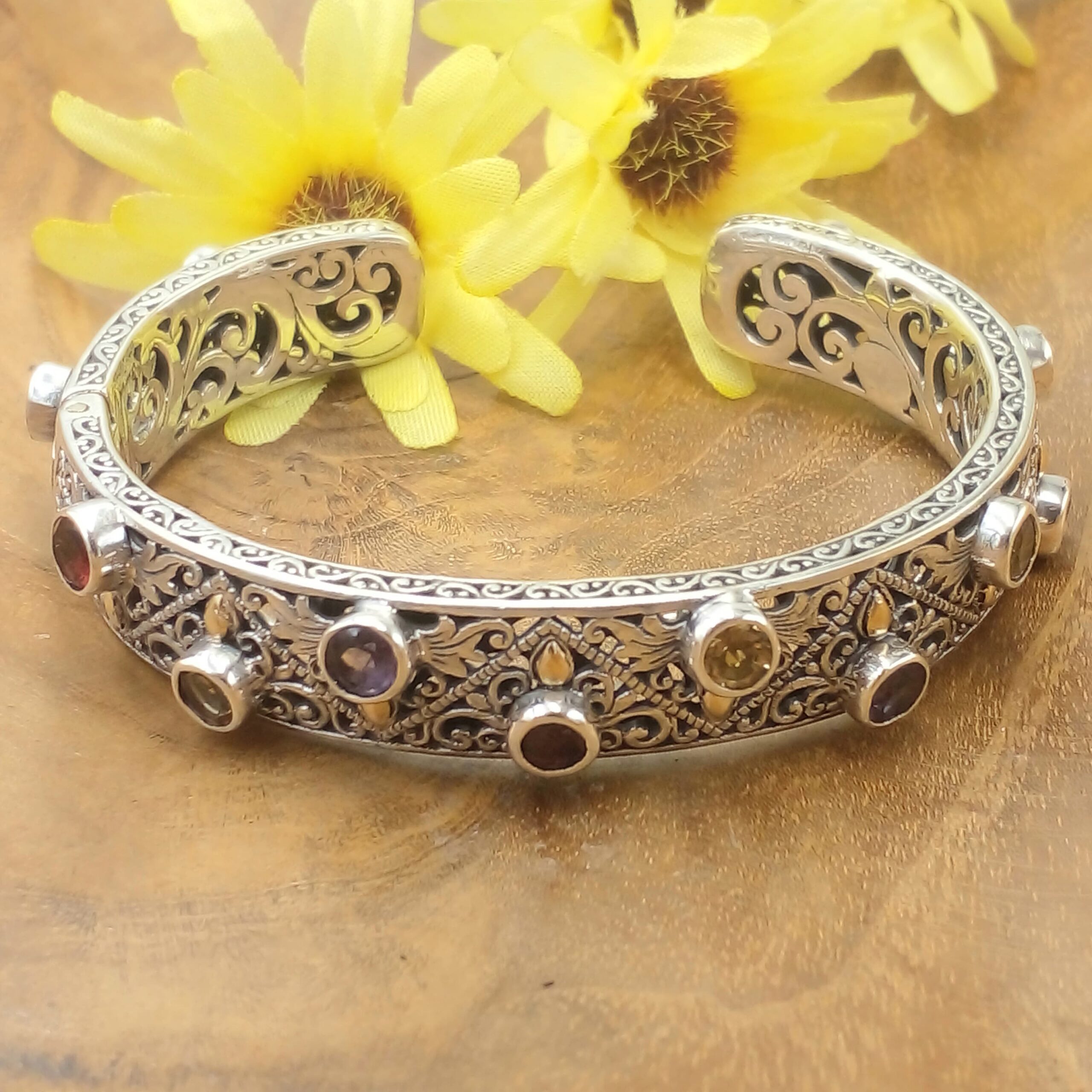 Gelang Cuff Perak Ukiran Bali Permata B339 - Gambar 2
