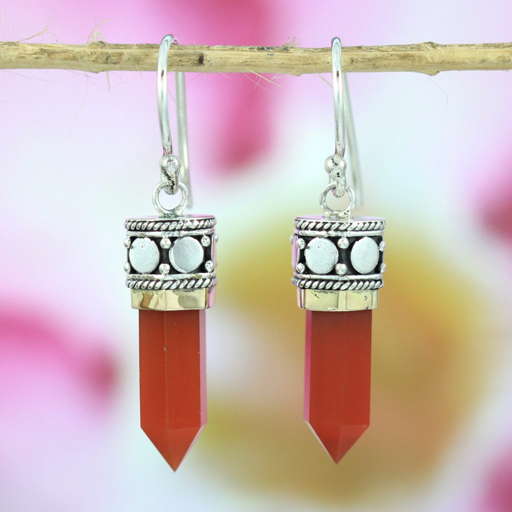 Anting Perak Bali Model Pensil Permata Carnelian Asli E444