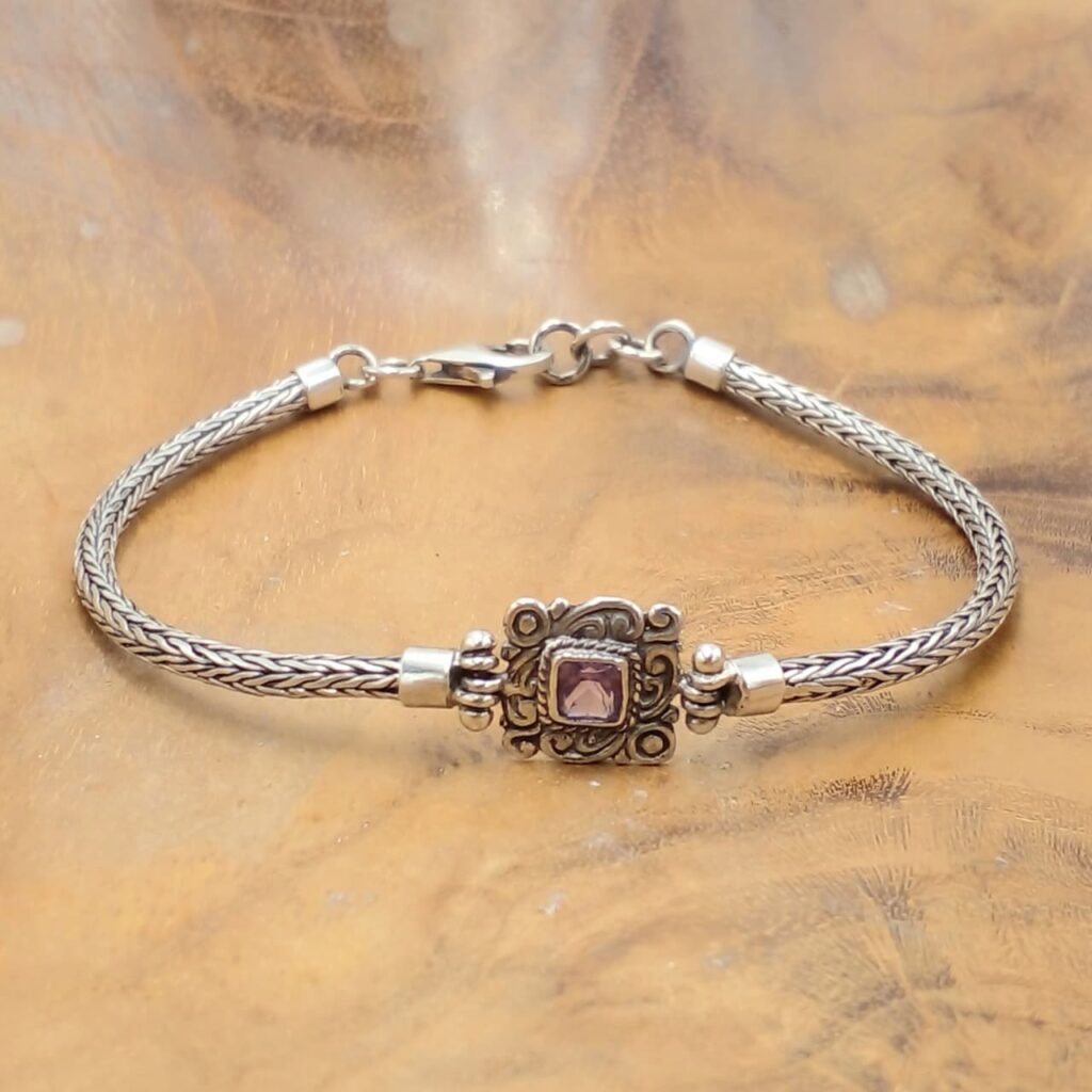 Gelang Perak Ukiran Kotak Amethyst B705