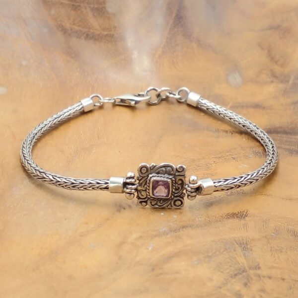 Gelang Perak Ukiran Kotak Amethyst B705