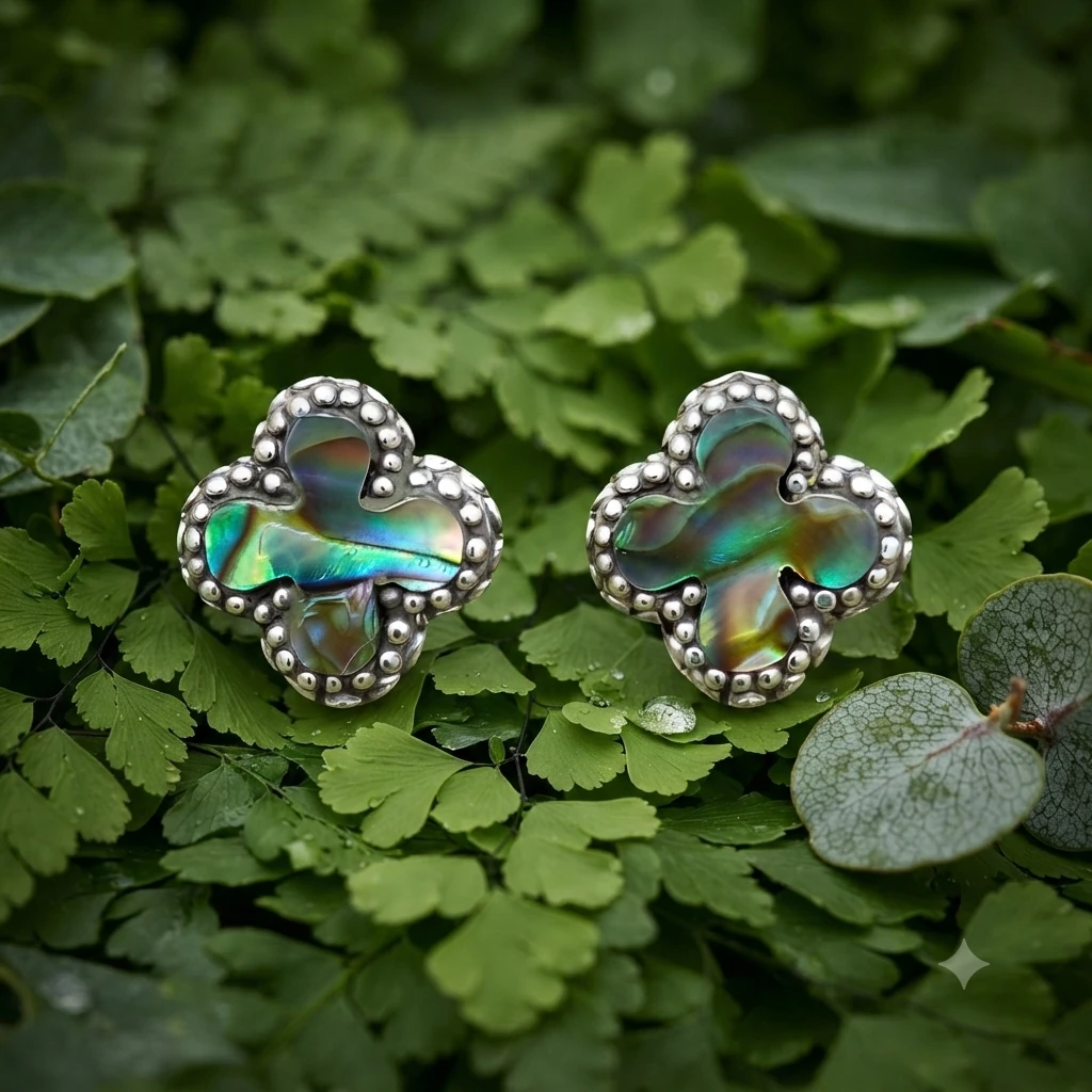 Anting Kerang Bali Perak Asli (Abalone Clover Studs) E1627 - Gambar 3
