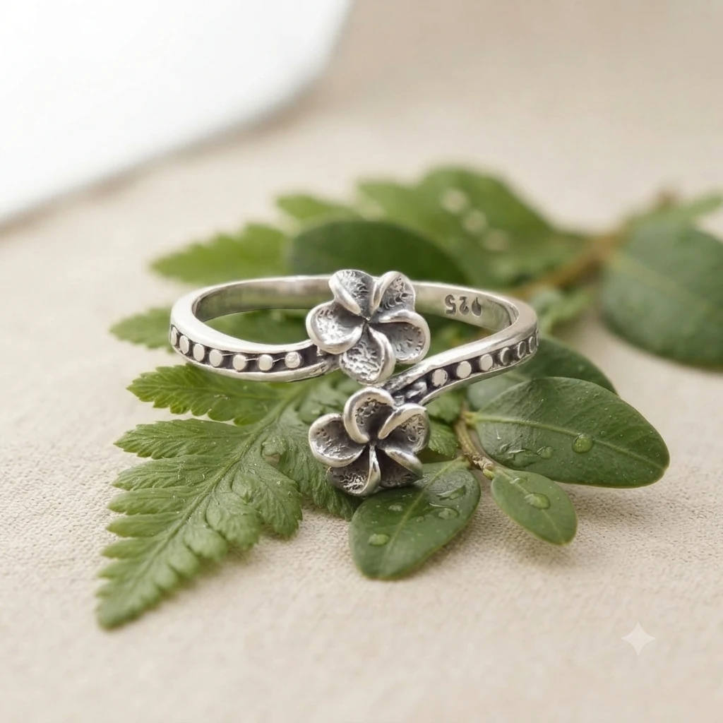 Cincin Perak Bunga Kamboja Cantik (Floral Baypass Ring) R277 - Gambar 3