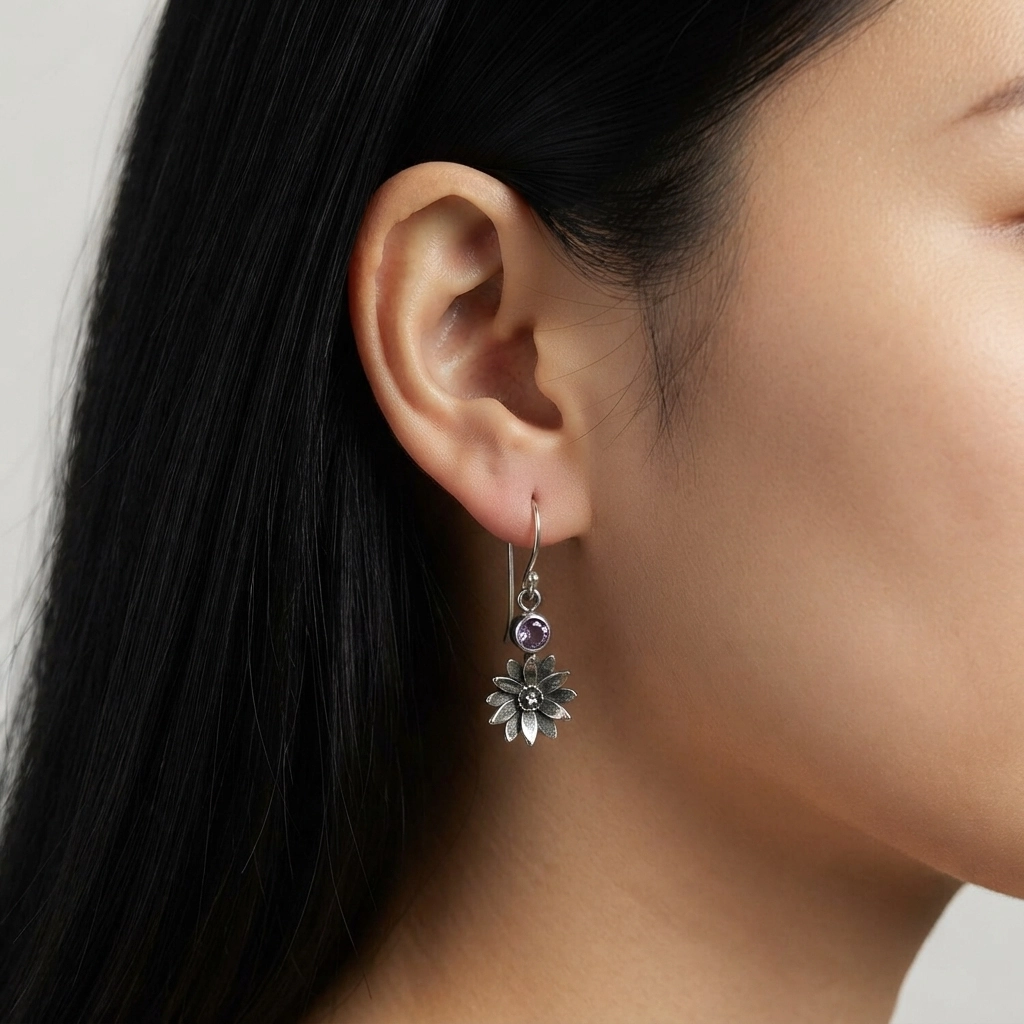 Anting Perak Bunga Aster Permata Asli E1762