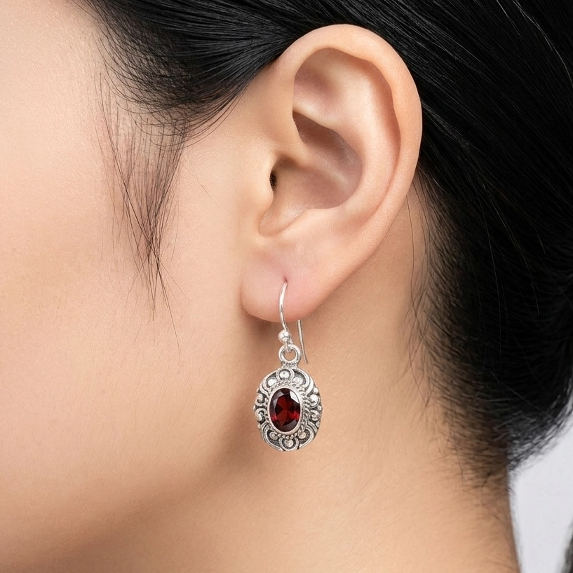Anting Perak Bali Ukiran Permata Asli E1828