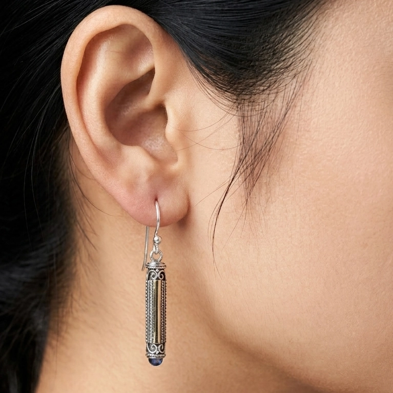 Anting Gantung Perak Tabung Ukiran Bali E1843