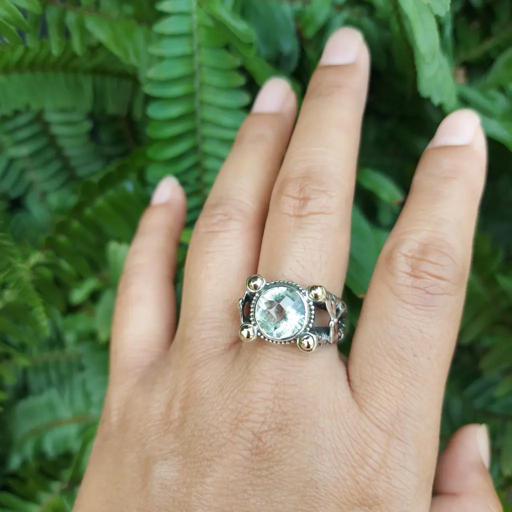 Cincin Perak Bali 925 Green Amethyst Ornamen Emas R552