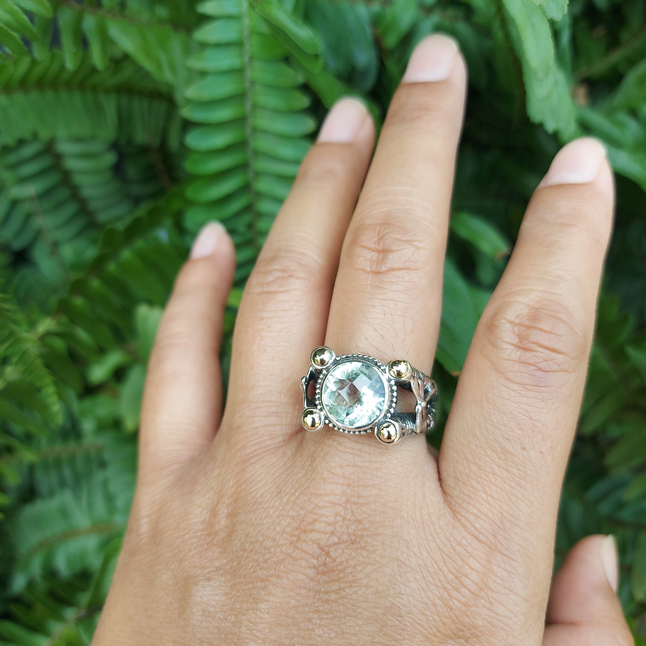 Cincin Perak Bali 925 Green Amethyst Ornamen Emas R552 - Gambar 4