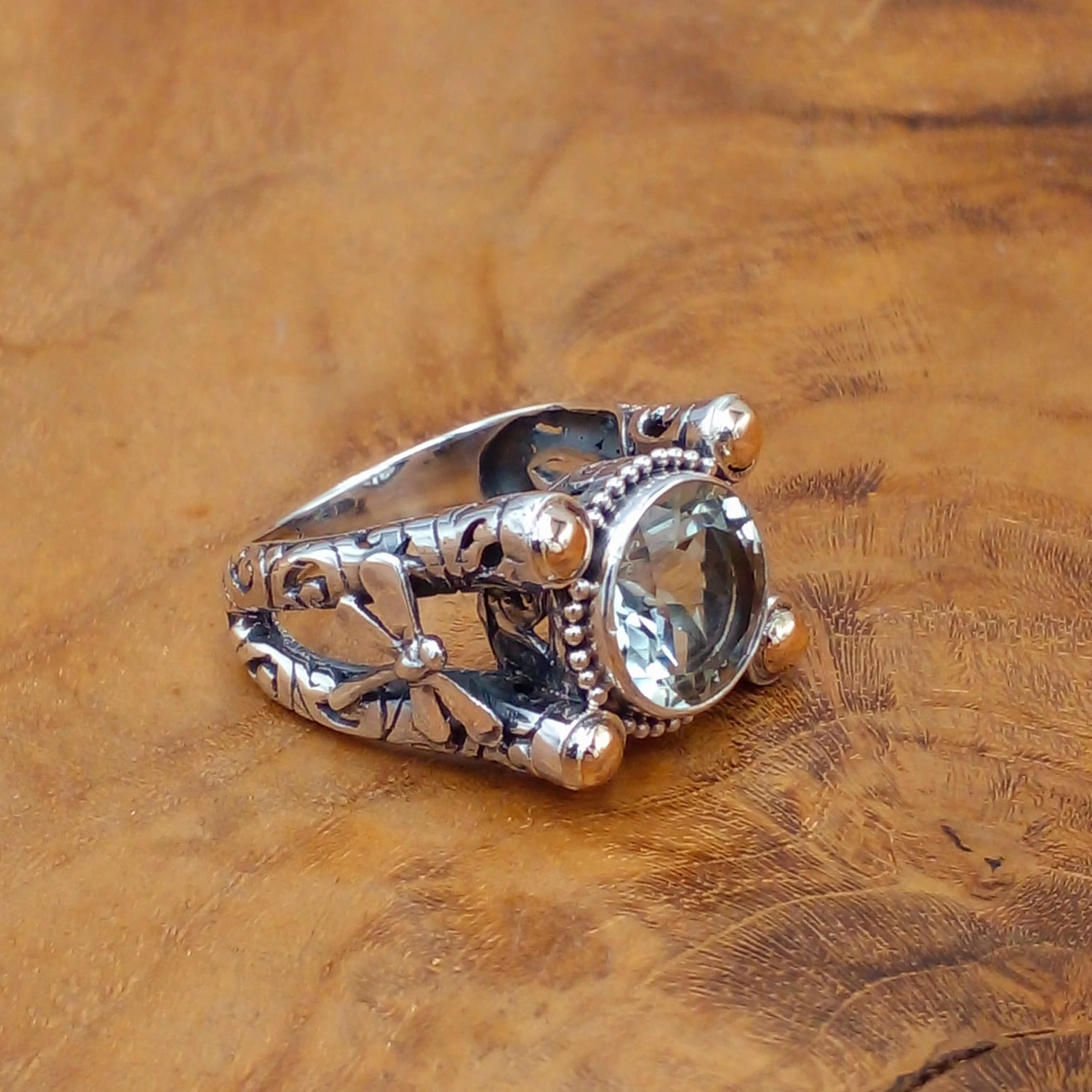 Cincin Perak Bali 925 Green Amethyst Ornamen Emas R552 - Gambar 3
