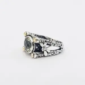 Cincin Perak Bali 925 Green Amethyst Ornamen Emas R552 - Gambar 2
