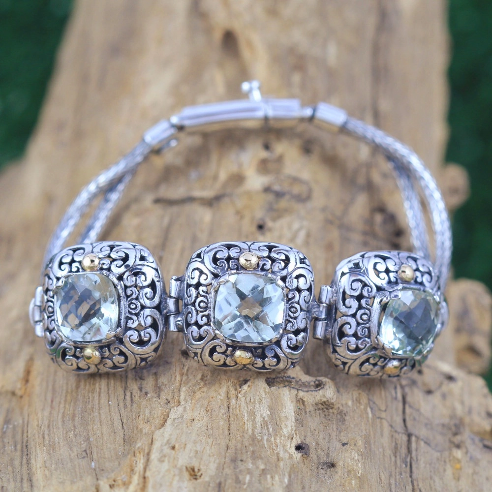 Gelang Perak 925 Permata Green Amethyst Asli Ukiran Bali B359