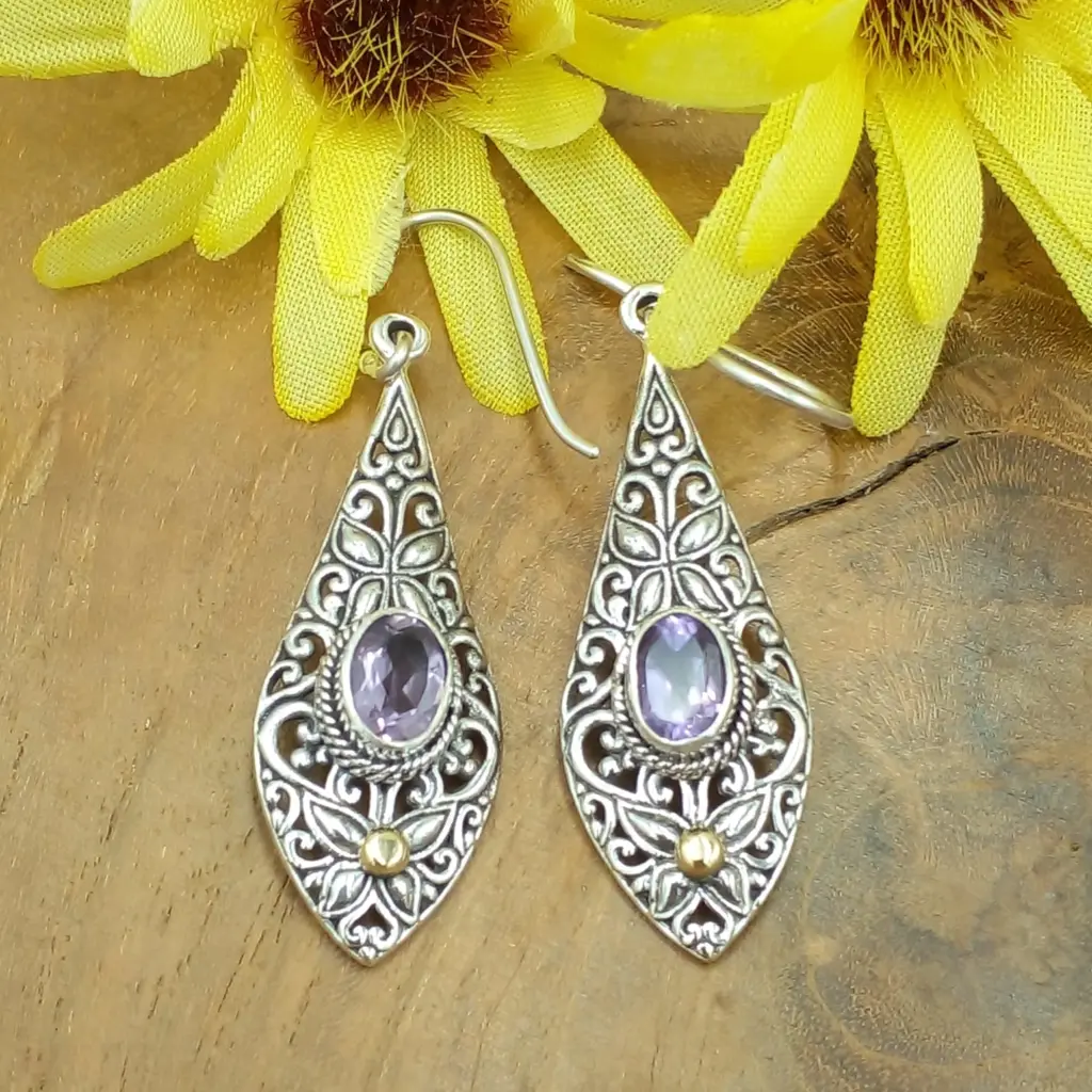 Anting Perak 925 Ukiran Bali Permata Asli E1695