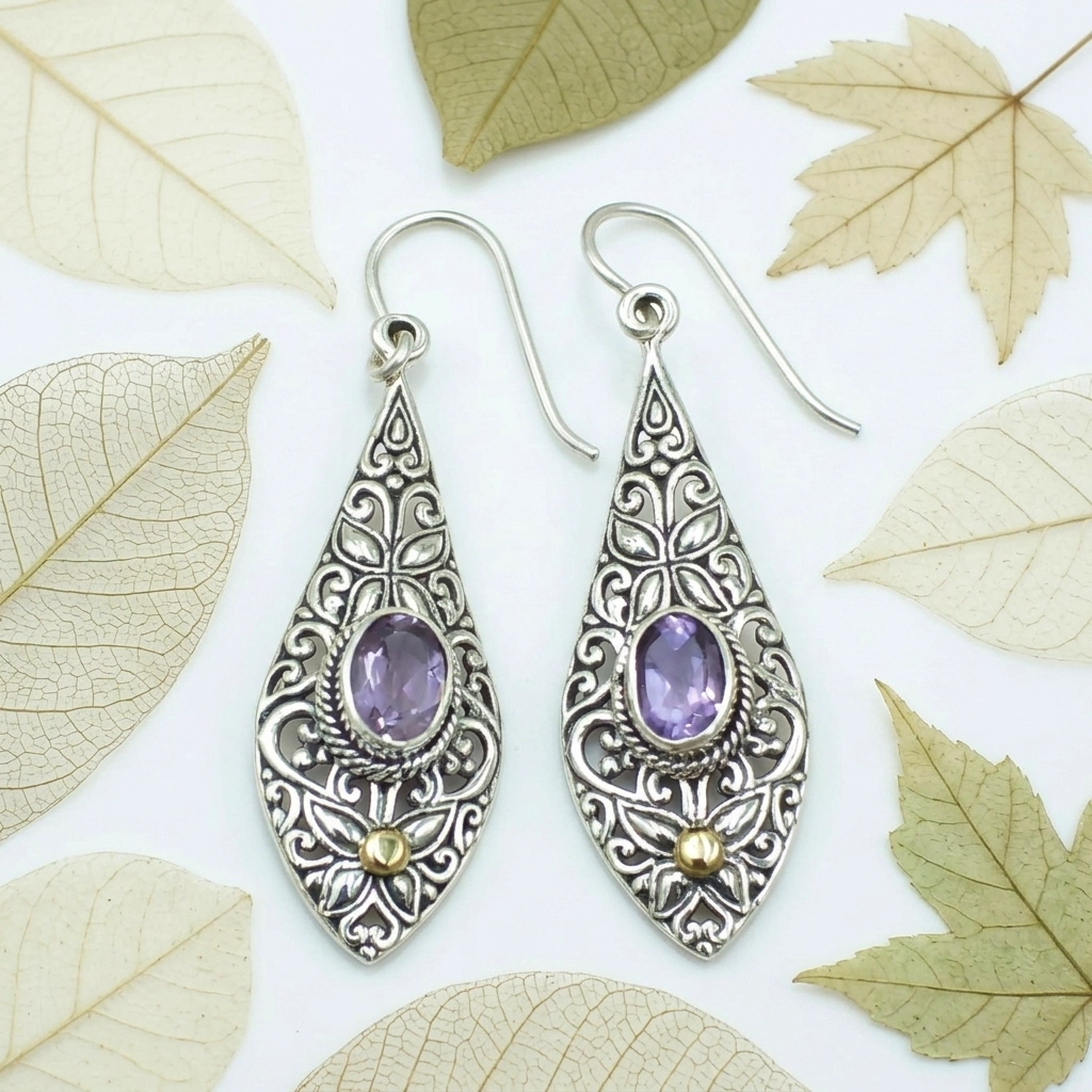 Anting Perak 925 Ukiran Bali Permata Asli E1695