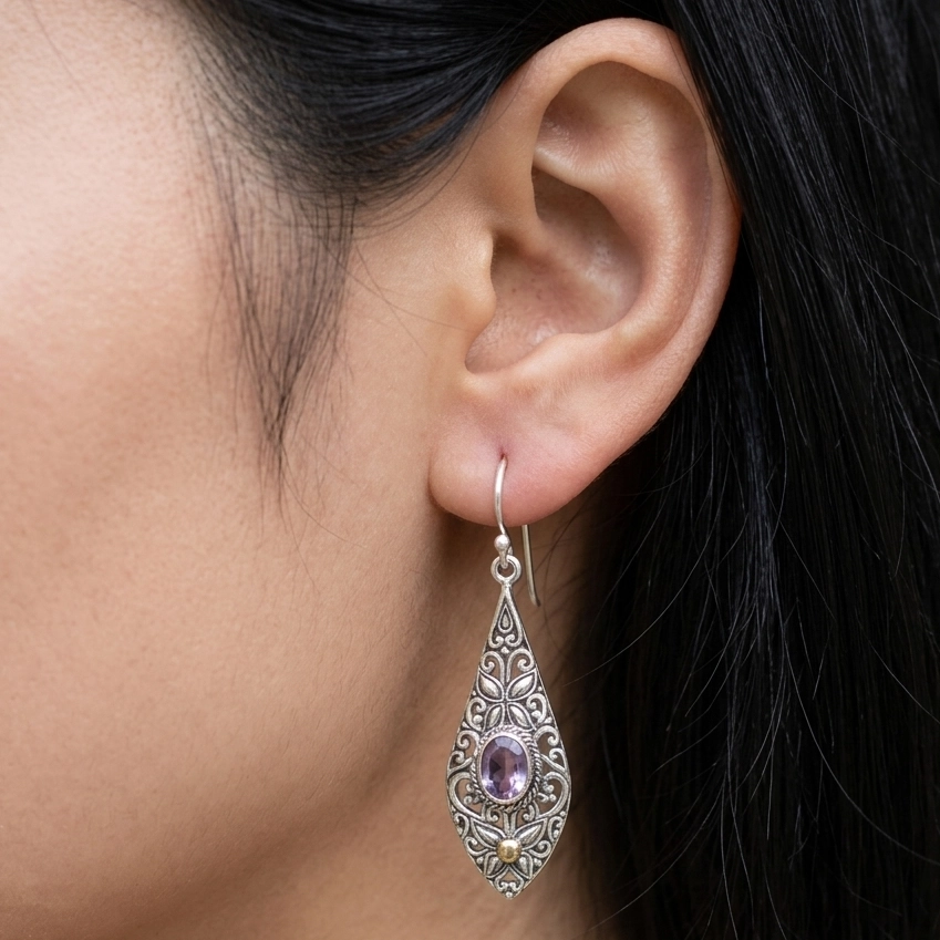 Anting Perak 925 Ukiran Bali Permata Asli E1695